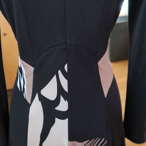 $425 ISSA London dress size US 6 black with beige abstract print 100% silk flare - Picture 6 of 14